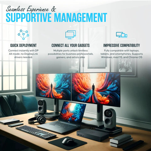 Thunderbolt 4 Dock Beast With 13 Ports 40Gbps USB C USB A Power Delivery Up To 180W Dual And Triple Monitor Setup Ready 4K Display Support HDMI 2 DisplayPort One Four USB C Fast Data Cleaning Cloth Included shown connected to laptop and monitors on desk