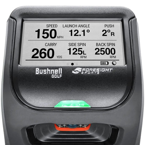 Close-up of Launch Pro Golf Launch Monitor with Ball and Club Data displaying speed, launch angle, spin, and carry metrics.