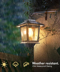 Two Pack Solar Wall Lanterns Outdoor Hanging Lights With Four Solar Panels Dusk To Dawn Led Sconces Anti Rust Waterproof With Hooks 3000K Warm White For Patio Porch Deck shown in rain demonstrating water resistance.