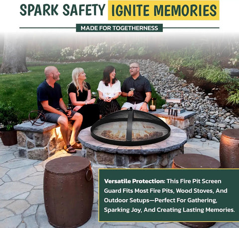 Heavy Duty 18.5 Inch Carbon Steel Fire Pit Screen Spark Protector For Smokeless Bonfire Shields And Round Pits Includes Hook And Shield Removal Tool Keeps Sparks Contained And Flare Ups In Check, outdoor gathering scene