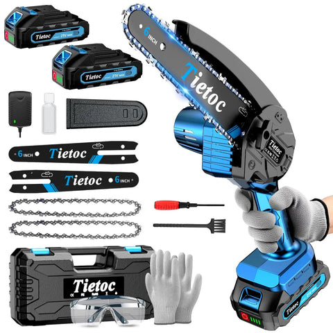 Cordless 6 Inch Mini Chainsaw With 880W Motor And Automatic Oiler, includes 2 batteries and chains, tools, gloves, and case
