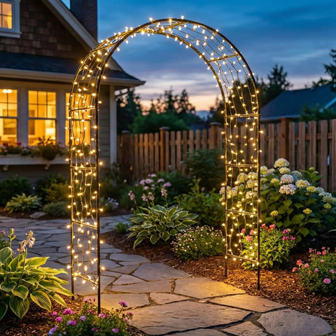 Outdoor Flower Garden Arch Trellis 7.8 Ft High By 4.6 Ft Wide Metal Garden Pergola Arbor with lights in a yard at dusk