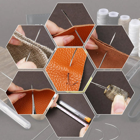 Upholstery Repair Sewing Kit With Heavy Duty Tools, featuring awl and stitching needles in action on leather and fabric samples