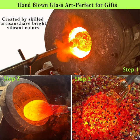 Hand blown glass art process, featuring vibrant colors created by skilled artisans, shown in three steps of glass shaping and coloring.