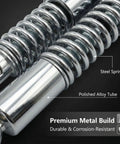 Close-up of Beefy Heavy Duty Performance Rear Shock Absorber Kit with steel spring and polished alloy tube for smoother rides.