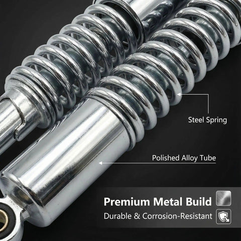 Close-up of Beefy Heavy Duty Performance Rear Shock Absorber Kit with steel spring and polished alloy tube for smoother rides.