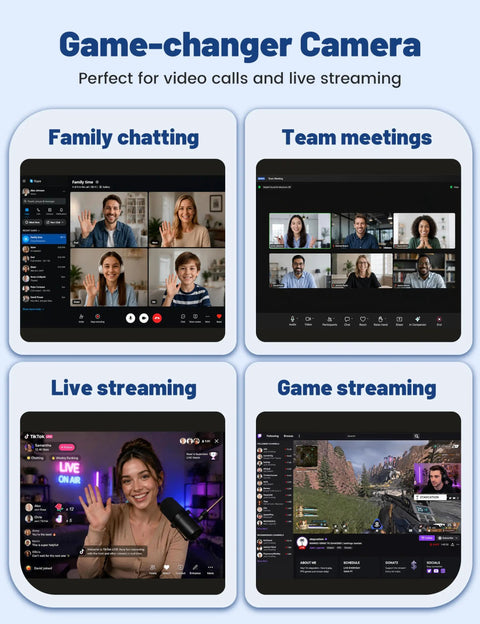 High Grade 1080P Webcam Goes Hard With Sturdy Metal Tripod And Dual Mics Deliver Zero Lag Zoom Chats And Twitch Streams For PC And Laptop Users Right Now displayed in family chat, team meeting, live streaming, and game streaming scenarios.