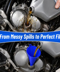 Heavy Duty Long Neck Oil Funnel Set For Cars Trucks And Suv With Wide Pour Spout; blue funnel pouring oil into engine.