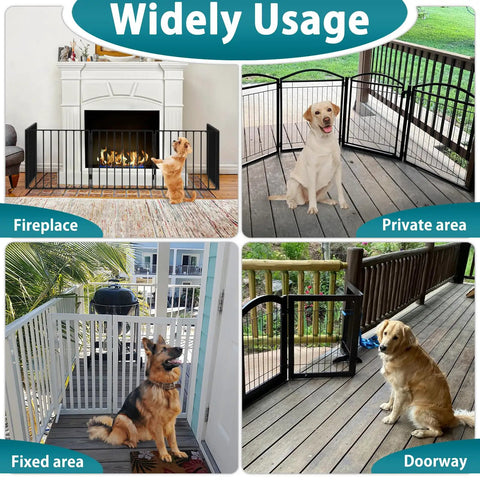 Four Pack Black Fence To Wall Anchors Securely Lock Down Dog Playpen And Pet Gates Compatible With FXW Systems in use near a fireplace.
