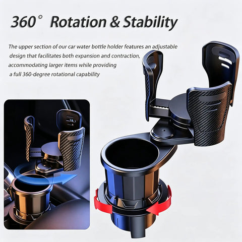 Premium Adjustable 2 In 1 Cup Holder Expander For Tesla Cybertruck Console Drink Stand with 360-degree rotation feature.