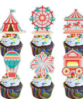 Cupcakes with 18 Pieces Red Glitter Fireworks Cupcake Toppers for Circus Theme Parties including tent, ferris wheel, carousel.