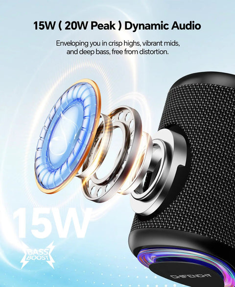 Beach Essentials Bluetooth Speaker with Crystal Clear Sound IPX5 Waterproof All Day Playtime showing 15W power and bass boost