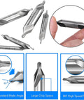 7 Piece Center Drill Bit Set M2 HSS 60 Degree Countersink Tools with protective case, highlights of blade angle and steel features.