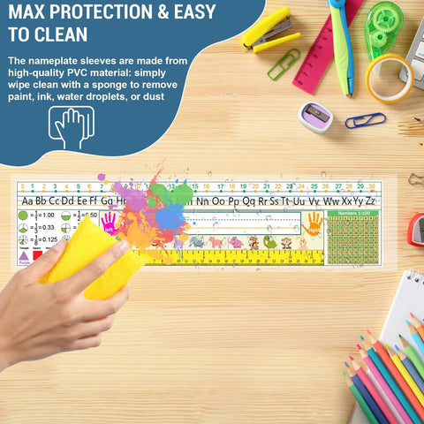 Thick Clear Desk Name Tag Pockets Set Of 40 With Stays Put Adhesive Backing, easy to clean with sponge, on classroom desk