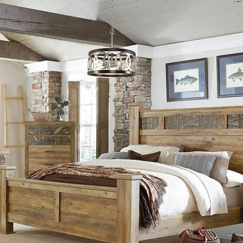 Three Light Wood Drum Chandelier In Brushed Nickel Finish With Dope Modern Farmhouse Vibe over rustic bedroom