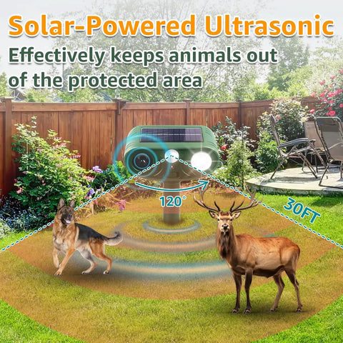 Solar Powered Ultrasonic Animal Repellent For Outdoor Yards And Gardens With Motion Sensor And Strobe Light Dual Mode Audible Alarm Or 25KHz Ultrasonic Deterrent Weatherproof Critter Shield Against Rodents Coyotes And Raccoons, solar panel, 2-pack