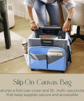 Mobile Folding Utility Cart With Canvas Organizer Bag in blue-grey, showing 30+ pockets and foldable design for versatile storage.