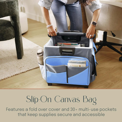 Mobile Folding Utility Cart With Canvas Organizer Bag in blue-grey, showing 30+ pockets and foldable design for versatile storage.