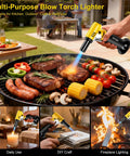Slick Butane Torch With Clear Fuel Gauge And Adjustable Flame For Dead Simple One Hand Kitchen Cooking And Sick Flames Backyard Grilling Creme Brulee Finish Plus Craft Soldering Gear in use grilling steaks and vegetables.