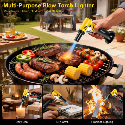 Slick Butane Torch With Clear Fuel Gauge And Adjustable Flame For Dead Simple One Hand Kitchen Cooking And Sick Flames Backyard Grilling Creme Brulee Finish Plus Craft Soldering Gear in use grilling steaks and vegetables.