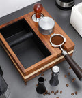 Espresso Knock Box And 4 In One Organizer For Home Barista Setup With Tamper Stand Distributor Holder 51 And 54 Mm Portafilter Basket Holders And Wooden Base Built To Last For Your Coffee Station shown on a table with coffee beans