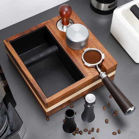 Espresso Knock Box And 4 In One Organizer For Home Barista Setup With Tamper Stand Distributor Holder 51 And 54 Mm Portafilter Basket Holders And Wooden Base Built To Last For Your Coffee Station shown on a table with coffee beans