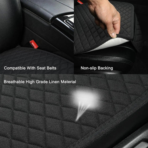 Premium Linen Front Car Seat Cover With Cushioned Pad, Sideless Design, Universal Fit, showing black quilted texture and non-slip backing
