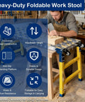 Heavy Duty Steel Welding Table Workbench With Slick Glide Casters Adjustable Height Folding Scaffold And Rock Solid Non Slip Platform Built Like A Tank For Garage Hustle, shown in workshop with wood carving.