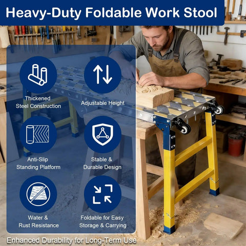 Heavy Duty Steel Welding Table Workbench With Slick Glide Casters Adjustable Height Folding Scaffold And Rock Solid Non Slip Platform Built Like A Tank For Garage Hustle, shown in workshop with wood carving.