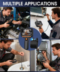 Dual Lens Endoscope Camera With Light Pro Grade HD 1920P Borescope For Pipes And Car Repairs, 4.3 Inch LCD, IP67 Waterproof, 16.4 Ft Semi-Rigid Cable, 8 LED Lights, 32GB Card Included. Man using borescope in engine, sink, HVAC and electrical panels.
