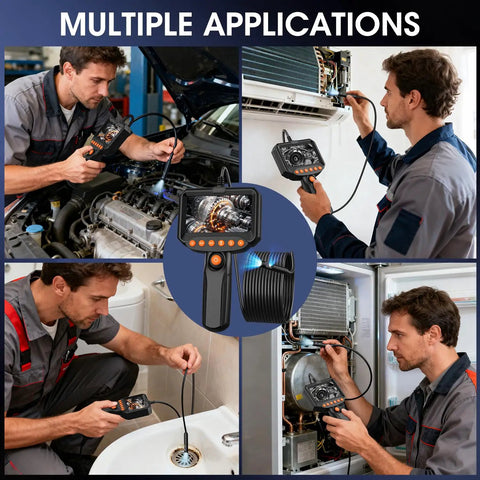 Dual Lens Endoscope Camera With Light Pro Grade HD 1920P Borescope For Pipes And Car Repairs, 4.3 Inch LCD, IP67 Waterproof, 16.4 Ft Semi-Rigid Cable, 8 LED Lights, 32GB Card Included. Man using borescope in engine, sink, HVAC and electrical panels.