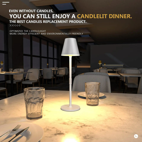 LED Cordless Table Lamp With 4000mAh Rechargeable Battery Three Brightness Levels Metal Shell Minimalist Design on dinner table