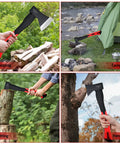 Rugged 15 Inch Camping Axe For Kindling And Wood Chopping With Forged 45 Carbon Steel Head in use for chopping, camping, splitting, and hanging
