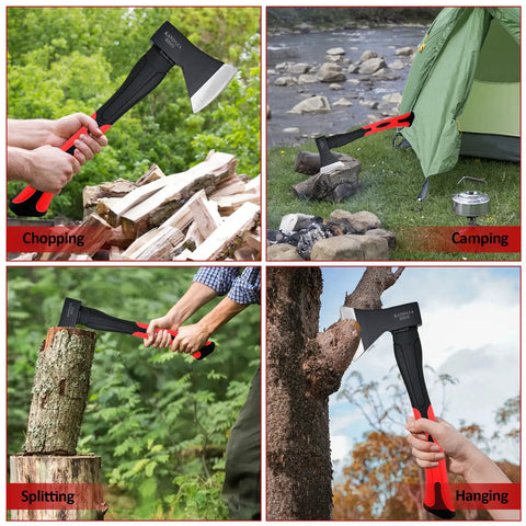 Rugged 15 Inch Camping Axe For Kindling And Wood Chopping With Forged 45 Carbon Steel Head in use for chopping, camping, splitting, and hanging