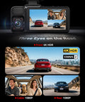 4K Three Channel Dash Cam With Front, Cabin And Rear Cameras, HDR WDR Night Vision, STARVIS 2 showing multiple views on screen