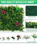 Boxwood Faux Grass Wall Panels 12 Pack 20x20 Inch Dense Green Backdrop for Indoor Outdoor Privacy Screen and Dope Green Wall Decor shown up close with realistic greenery and vibrant pink flowers, showcasing product details.