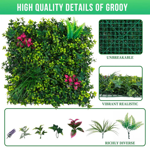 Boxwood Faux Grass Wall Panels 12 Pack 20x20 Inch Dense Green Backdrop for Indoor Outdoor Privacy Screen and Dope Green Wall Decor shown up close with realistic greenery and vibrant pink flowers, showcasing product details.