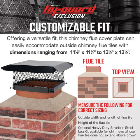Bolt On Galvanized Steel Chimney Cover For Single Flue, 13 X 13 Inches, Mesh Three Quarter Inch, Fits Outside Clay Tile, Black