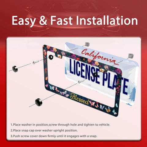Custom License Plate Frame With Blessed Butterfly And Floral Design Durable Stainless Steel Car Accessory 2 Hole Mount Fits US Standard Plates 12.2 X 6.3 Inches Funny Stylish Plate Holder For Men And Women installation diagram