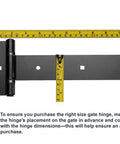 Industrial Strength 12 Inch T Strap Gate Hinges with measuring tape showing 4mm thickness, rust proof black steel for barn doors.