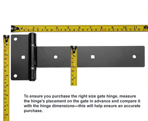 Industrial Strength 12 Inch T Strap Gate Hinges with measuring tape showing 4mm thickness, rust proof black steel for barn doors.