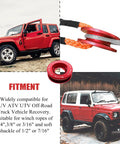 Heavy Duty Recovery Ring 66,000 Lbs For Winch Snatch Off Road SUV UTV ATV Truck Pulley Towing Ring For Synthetic Rope And Soft Shackle 7075 Aluminum CNC Machined Corrosion Resistant Red, shown with Jeep recovery setup