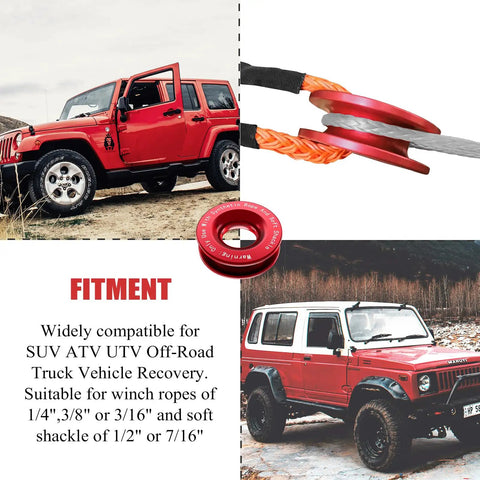 Heavy Duty Recovery Ring 66,000 Lbs For Winch Snatch Off Road SUV UTV ATV Truck Pulley Towing Ring For Synthetic Rope And Soft Shackle 7075 Aluminum CNC Machined Corrosion Resistant Red, shown with Jeep recovery setup