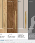 Champagne Bronze Appliance Pull shown on various cabinet finishes, Maple to Dark Gray, highlighting size and style differences.