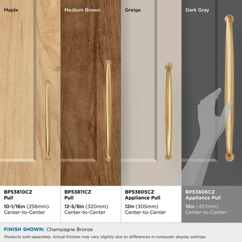 Champagne Bronze Appliance Pull shown on various cabinet finishes, Maple to Dark Gray, highlighting size and style differences.