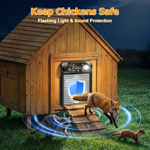 Wooden chicken coop with Hands-Free Solar Powered Automatic Chicken Coop Door With Large 9.45 X 10 Inch Opening, fox deterred