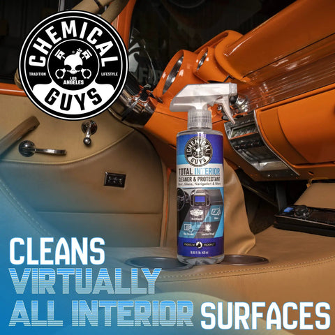 All In One Interior Cleaner And Protectant For Cars, 16 Oz Two Pack, Safe On Leather Vinyl Plastic Rubber And Glass, Delivers A Fresh Showroom Finish For Dash And Interior Surfaces. spray bottle on tan leather car interior