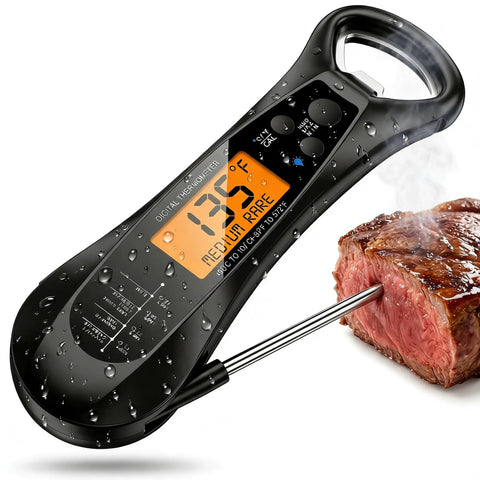 Digital Meat Thermometer For Cooking With Backlit LCD IPX Waterproof Body Long Probe And Ultra Fast 2 To 4 Second Reading Accurate Kitchen Thermometer inserted into steak
