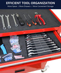 Red 4 Drawer Rolling Tool Cabinet With 4 Wheels And Parking Brakes 24.4 Inch Mobile Tool Chest With Ball Bearing Drawers For Garage Warehouse And Workshop Workhorse Heavy Duty Metal Storage Chest For Tools And Parts. open drawer with wrench and screwdriver organizers