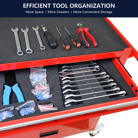 Red 4 Drawer Rolling Tool Cabinet With 4 Wheels And Parking Brakes 24.4 Inch Mobile Tool Chest With Ball Bearing Drawers For Garage Warehouse And Workshop Workhorse Heavy Duty Metal Storage Chest For Tools And Parts. open drawer with wrench and screwdriver organizers
